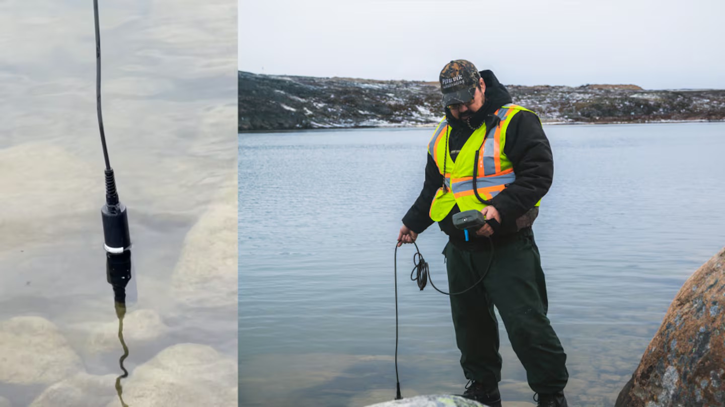 In this image collage, Eric Atagotaaluk is seen doing his daily water test at the Innuksuak River. Upstream, construction is underway on a massive hydro electric project which will eventually get the community off diesel. These daily water tests were part of a community promise to ensure that the construction doesn't affect the quality of the river, which also supplies the community with drinking water. (Kaaria Quash)
